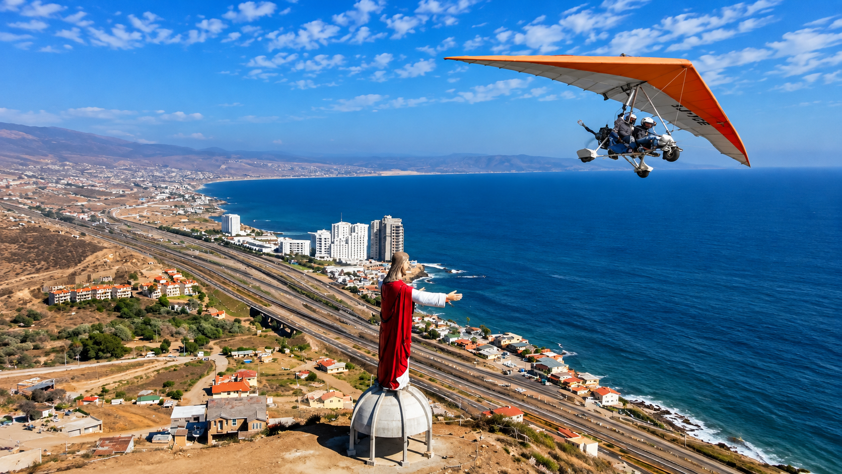 Vista de la costa de Playas de Rosarito desde un ultraligero en vuelo